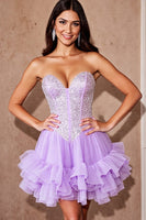 Load image into Gallery viewer, Sparkly Lilac Tulle Ruffled Short Corset Prom Dress with Sequins
