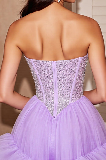 Sparkly Lilac Tulle Ruffled Short Corset Prom Dress with Sequins