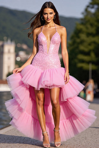 Sparkly Pink Tulle High-Low Ruffled Corset Prom Dress with Beading