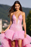 Load image into Gallery viewer, Sparkly Pink Tulle High-Low Ruffled Corset Prom Dress with Beading