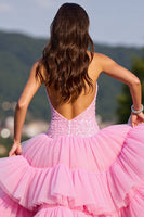 Load image into Gallery viewer, Sparkly Pink Tulle High-Low Ruffled Corset Prom Dress with Beading