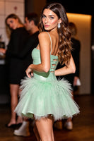 Load image into Gallery viewer, Green A Line Corset Short Prom Dress with Feathers