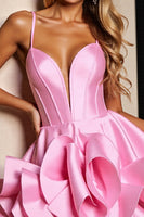 Load image into Gallery viewer, Pink Satin A Line Corset Short Prom Dress with Ruffles