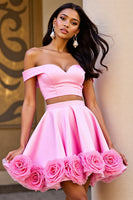 Load image into Gallery viewer, Pink Satin Floral 2 Piece Short Prom Dress