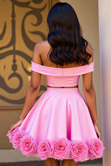 Pink Satin Floral 2 Piece Short Prom Dress