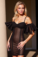 Load image into Gallery viewer, Black Bodycon Cold Shoulder Corset Short Prom Dress with Ruffles