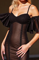 Load image into Gallery viewer, Black Bodycon Cold Shoulder Corset Short Prom Dress with Ruffles