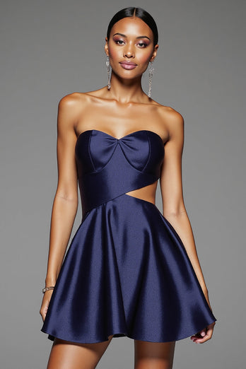 Navy Satin Sweetheart A Line Cut Out Short Prom Dress