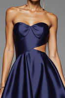 Load image into Gallery viewer, Navy Satin Sweetheart A Line Cut Out Short Prom Dress