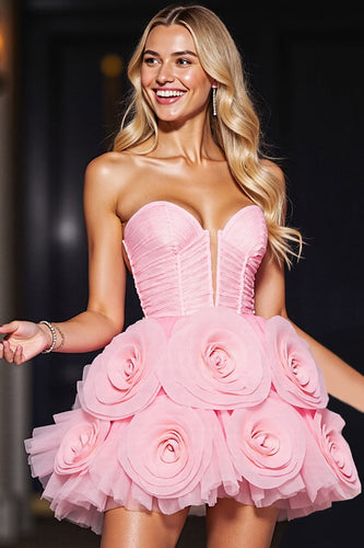Pink Floral Tulle A Line Corset Short Prom Dress