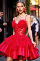 Load image into Gallery viewer, Red Short Corset Prom Dress with 3D Flowers
