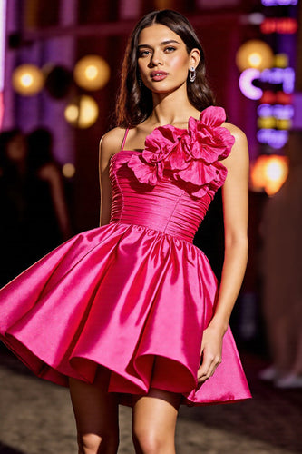 Fuchsia A Line Floral Satin Short Prom Dress with Ruffles