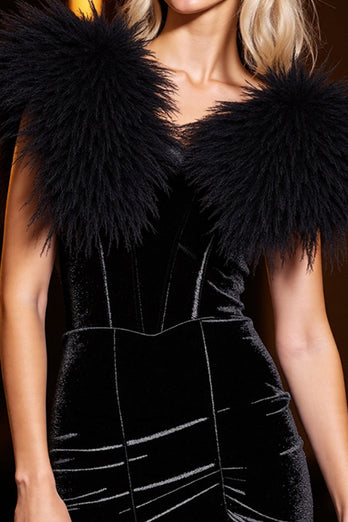 Black Velvet Short Bodycon Prom Dress with Feathers