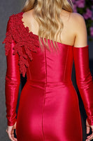 Load image into Gallery viewer, Red Bodycon Appliqued Satin Short Prom Dress with Sleeves