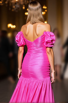 Fuchsia Satin High Low Short Bodycon Prom Dress