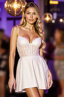 Load image into Gallery viewer, White Corset A Line Short Satin Prom Dress with Lace