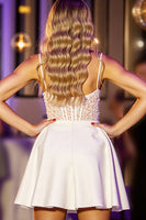 Load image into Gallery viewer, White Corset A Line Short Satin Prom Dress with Lace