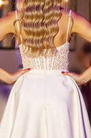 Load image into Gallery viewer, White Corset A Line Short Satin Prom Dress with Lace