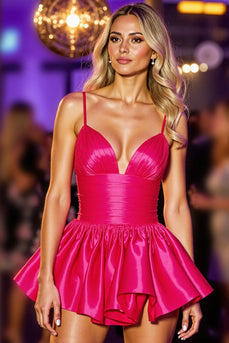 Fuchsia Cold Shoulder A Line Satin Short Prom Dress