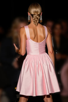Pink A Line Short Satin Prom Dress with 3D Flowers