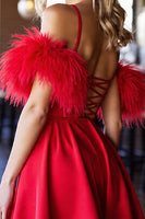 Load image into Gallery viewer, Red Satin A Line Corset Short Prom Dress with Feathers