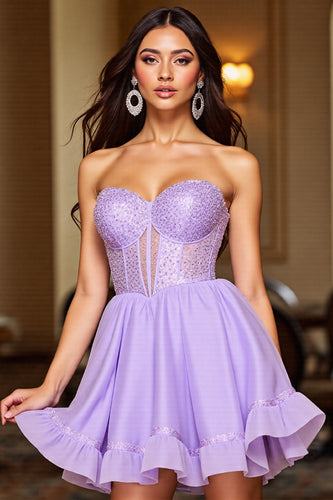 Purple Corset A Line Strapless Short Prom Dress with Sequins