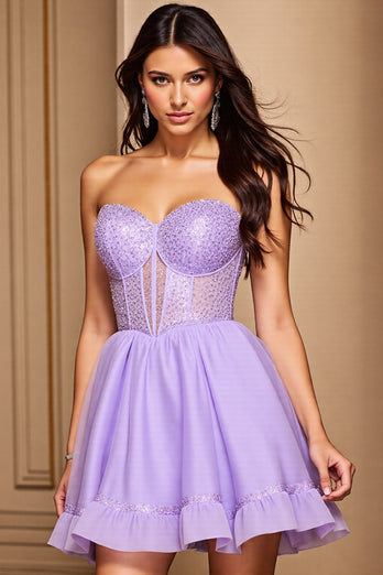 Purple Corset A Line Strapless Short Prom Dress with Sequins