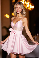 Load image into Gallery viewer, Pink Satin A Line Short Corset Prom Dress with Bow