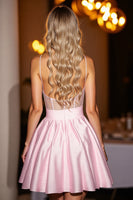 Load image into Gallery viewer, Pink Satin A Line Short Corset Prom Dress with Bow