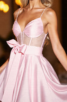 Load image into Gallery viewer, Pink Satin A Line Short Corset Prom Dress with Bow