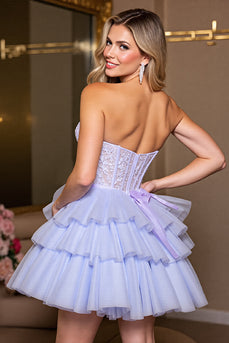 Lavender A Line Corset Strapless Tulle Short Prom Dress