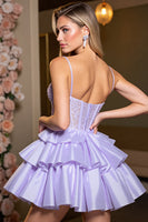 Load image into Gallery viewer, Lavender A Line Satin Corset Short Prom Dress with Appliques