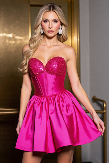 Sparkly Fuchsia Satin Corset Sweetheart Short Prom Dress