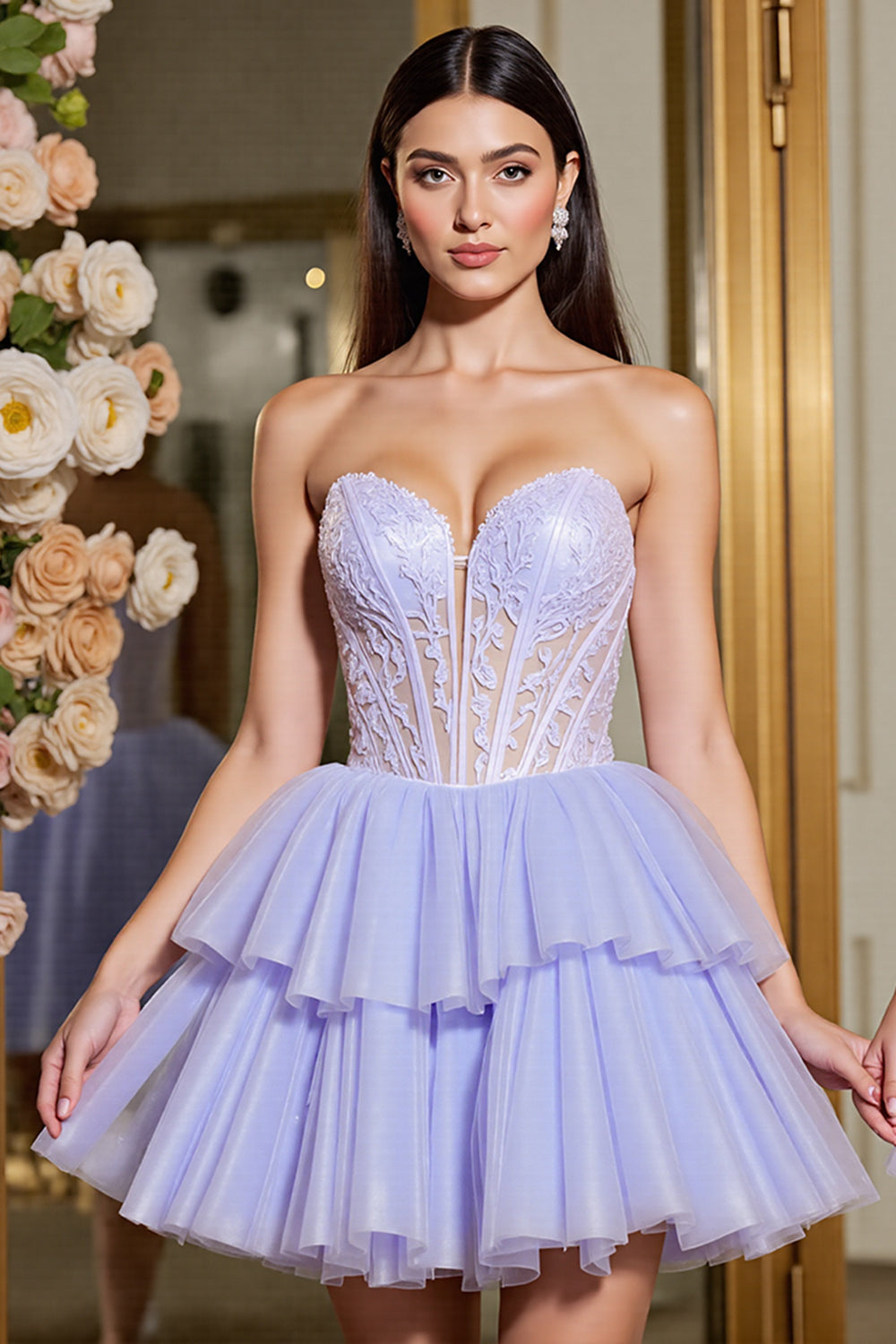 Lavender Tulle Corset A Line Short Prom Dress with Appliques