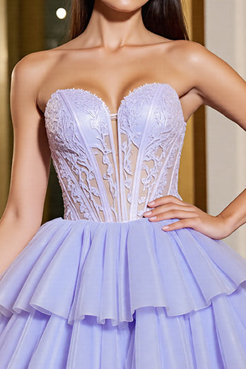 Lavender Tulle Corset A Line Short Prom Dress with Appliques