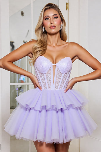 Lavender Corset Tulle A Line Strapless Short Prom Dress