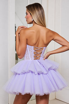 Lavender Corset Tulle A Line Strapless Short Prom Dress