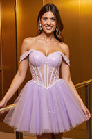 Load image into Gallery viewer, Lilac Corset Off the Shoulder A Line Tulle Short Prom Dress