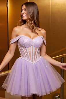Lilac Corset Off the Shoulder A Line Tulle Short Prom Dress
