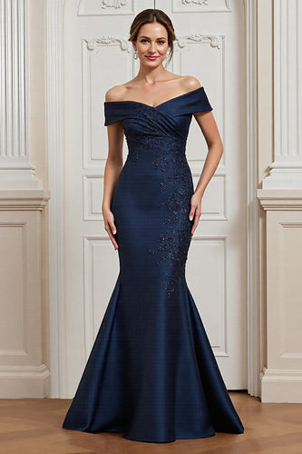 Navy Satin Mermaid Maxi Mother of the Bride Dress with Appliques