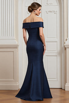 Navy Satin Mermaid Maxi Mother of the Bride Dress with Appliques