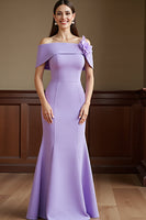 Load image into Gallery viewer, Women Lilac Satin Maxi Mother of the Bride Dress with Flowers Sheath Off the Shoulder Formal Dress