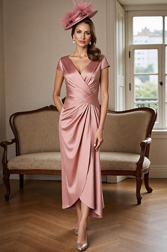 Dusty Rose Sheath Satin V-Neck Maxi Mother of the Bride Dress