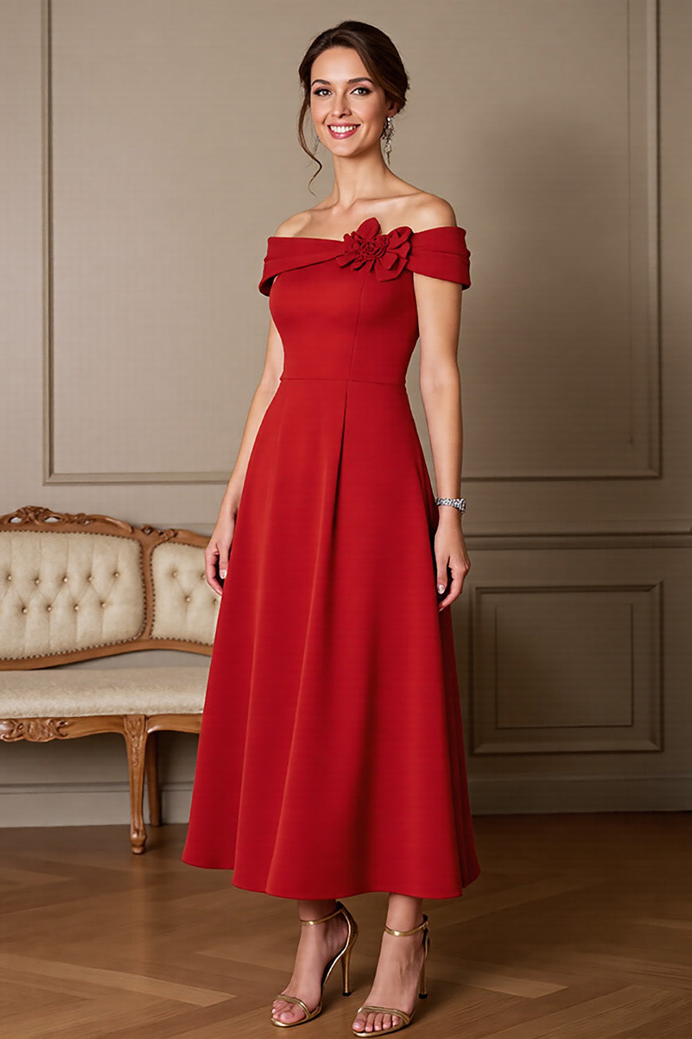 Dark Red A Line Maxi Satin Mother of the Bride Dress
