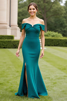 Load image into Gallery viewer, Peacock Green Satin Maxi Mother of the Bride Dress with Slit
