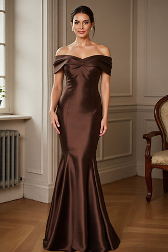Brown Satin Mermaid Off the Shoulder Maxi Mother of the Bride Dress