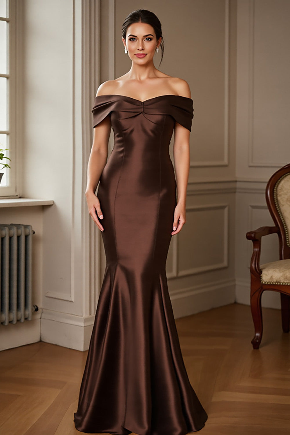 Brown Satin Mermaid Off the Shoulder Maxi Mother of the Bride Dress