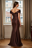 Load image into Gallery viewer, Brown Satin Mermaid Off the Shoulder Maxi Mother of the Bride Dress
