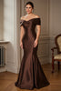 Load image into Gallery viewer, Brown Satin Mermaid Off the Shoulder Maxi Mother of the Bride Dress