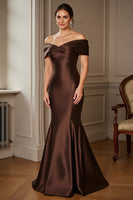 Load image into Gallery viewer, Brown Satin Mermaid Off the Shoulder Maxi Mother of the Bride Dress